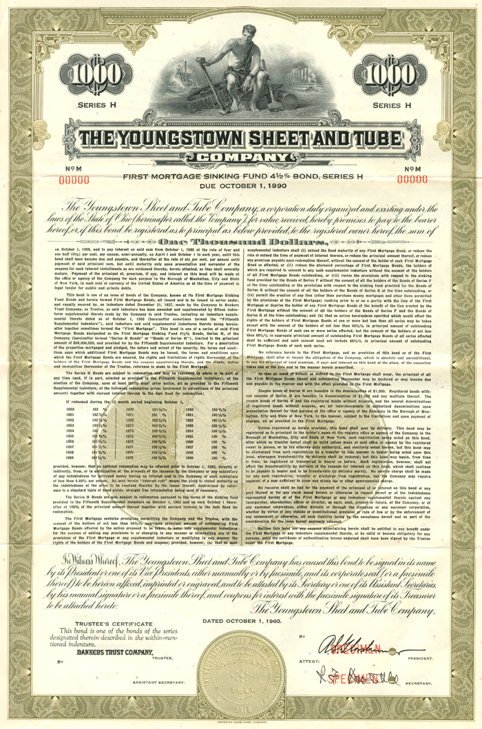 Youngstown Sheet and Tube Co. $1000 Bond